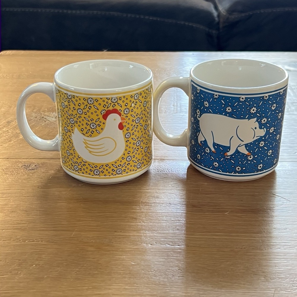 Vintage JSNY Country Calico Farmhouse Animal Chicken Pig Set Of 2 Coffee Mugs - Picture 3 of 8